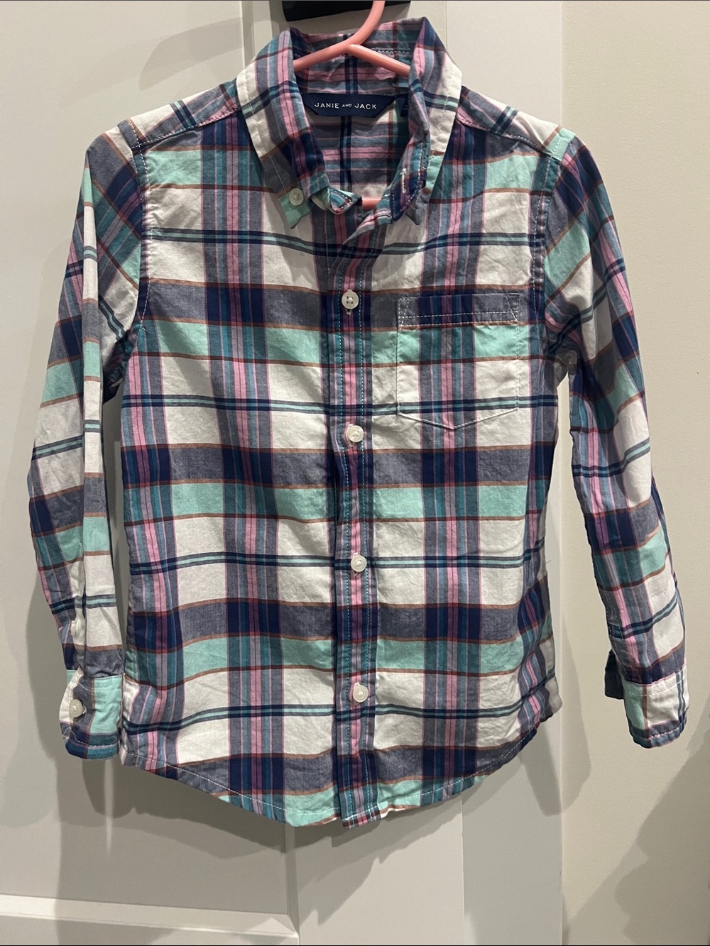 Janie and Jack Mint, Navy & Pink Plaid Button-Down Shirt